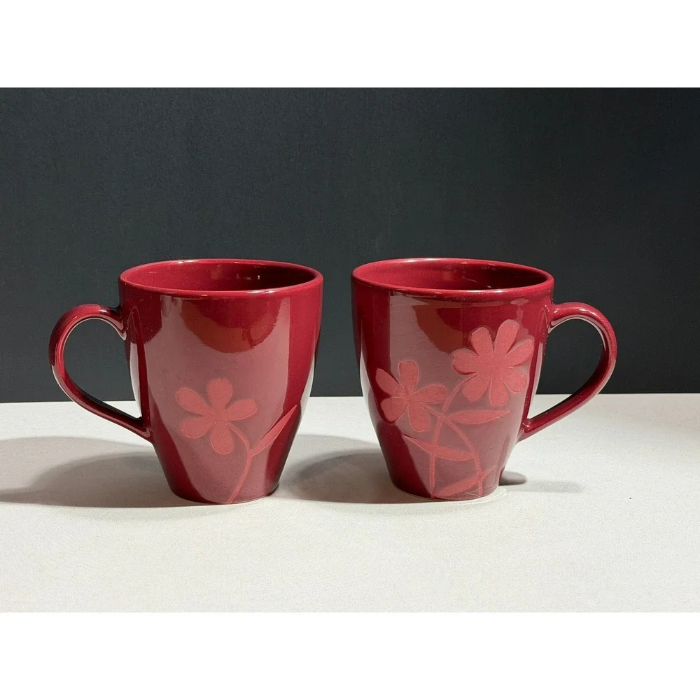Pier 1 Red Floral Embossed Stoneware Coffee Mugs Set of 2 Deep Red Burgundy